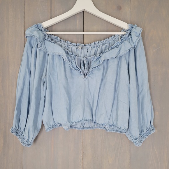 Love Tree Tops - Love Tree Off The Shoulder Crop Top Womens Large Blue Tencel Ruffle Boho Cottage